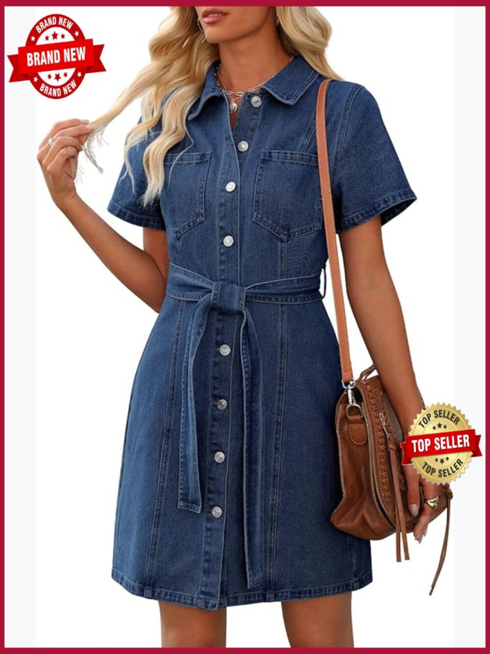 Short Sleeve Denim Dress with Pocket & Drawstring Waist